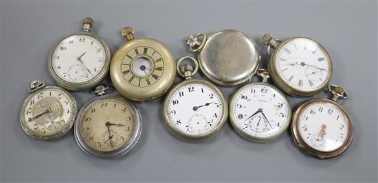 Nine assorted base metal pocket watches.